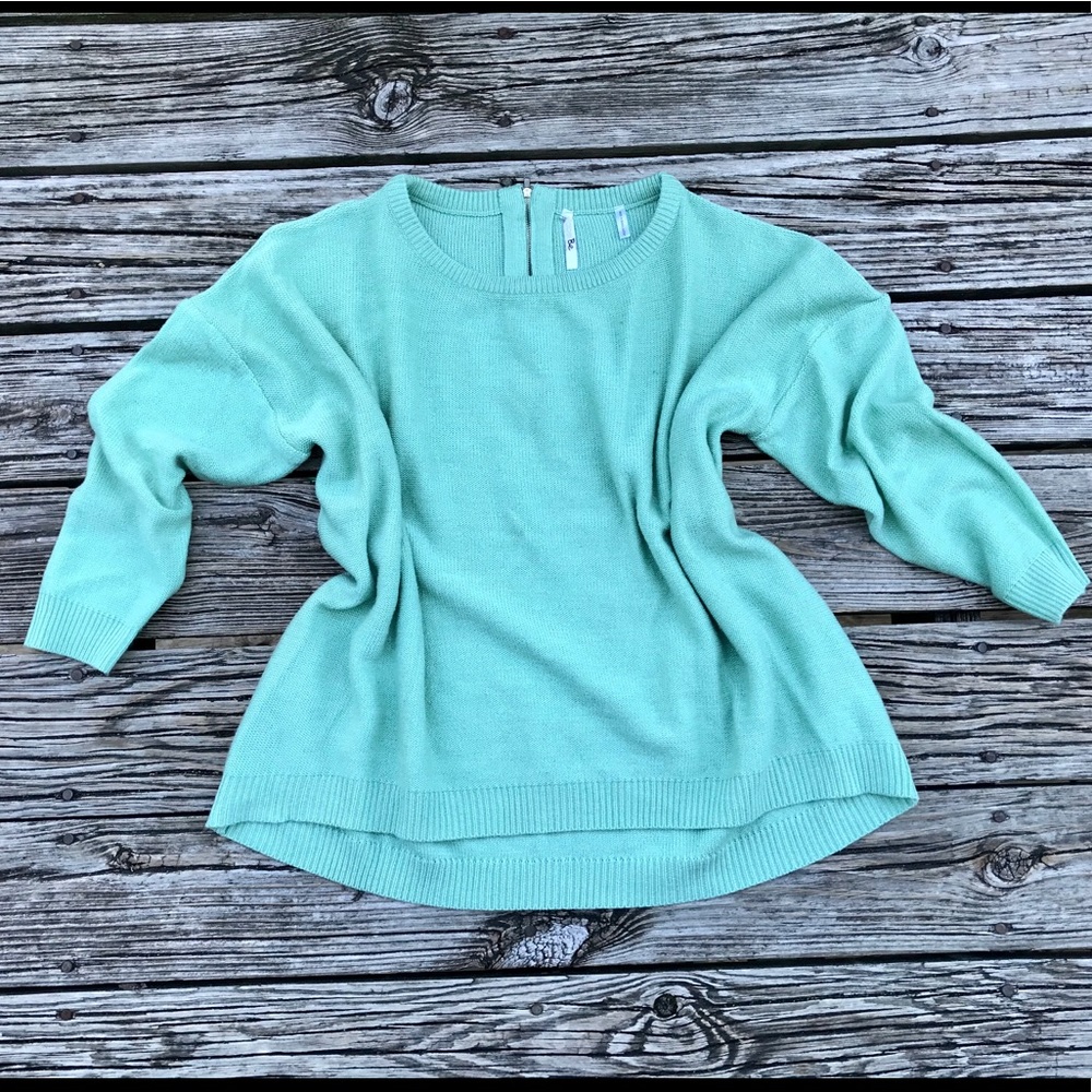 Ladies LABEL BE Solid Aqua Boxy Oversized Pullover Crew Woven Zipper Sweater XL